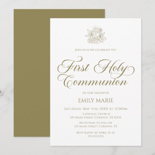 First Communion white and gold Invitation Kaart (Voorkant / Achterkant)