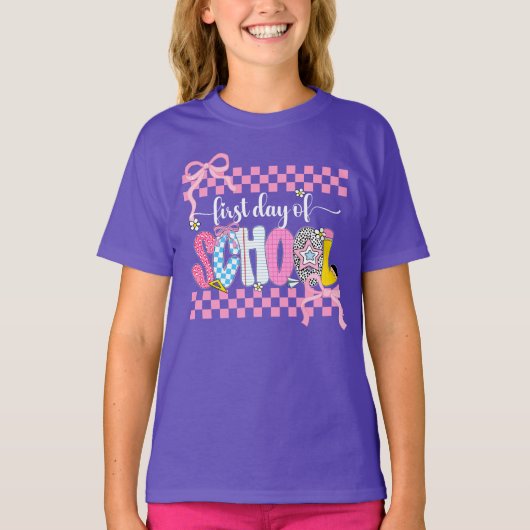 First Day of School Checkered Coquette Bow Preppy T-shirt (Voorkant)