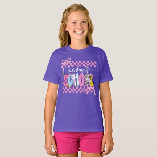 First Day of School Checkered Coquette Bow Preppy T-shirt (Voorkant volledig)
