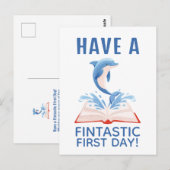 First day of School Cute Dolphin Animal Pun Blue Briefkaart (Voorkant / Achterkant)