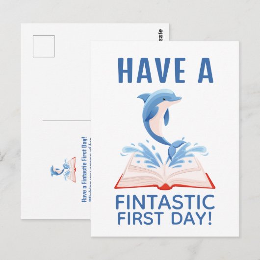 First day of School Cute Dolphin Animal Pun Blue Briefkaart (Voorkant / Achterkant)