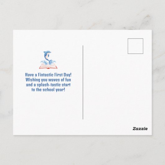 First day of School Cute Dolphin Animal Pun Blue Briefkaart (Achterkant)