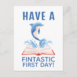 First day of School Cute Dolphin Animal Pun Blue Briefkaart