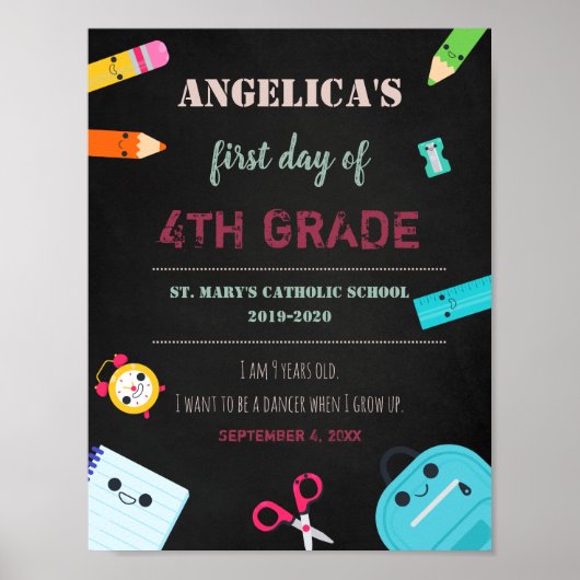 first day of school sign chalkboard school supply poster (Voorkant)