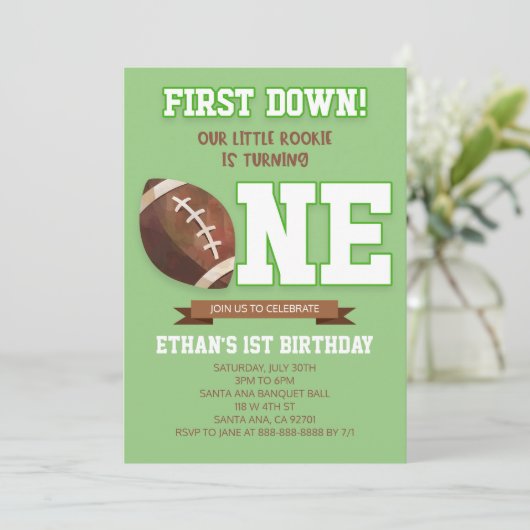 First Down Football Green ONE 1e verjaardagsfeestj Kaart (Staand voorkant)