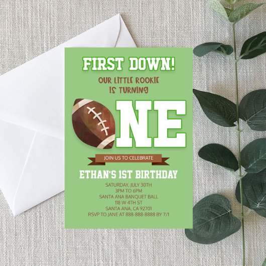 First Down Football Green ONE 1e verjaardagsfeestj Kaart