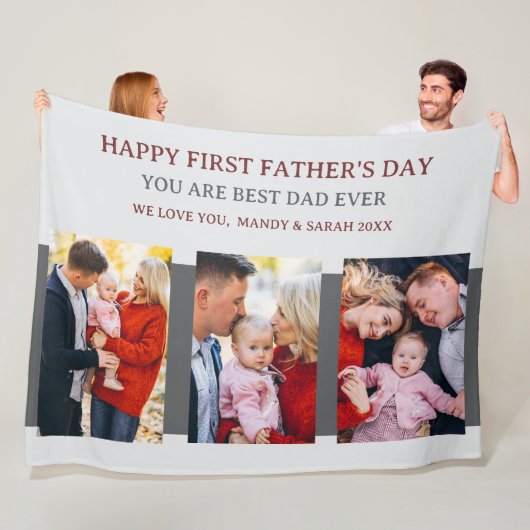 First Fathers Day Grey 3 foto's en aangepast beric Fleece Deken (In situ)