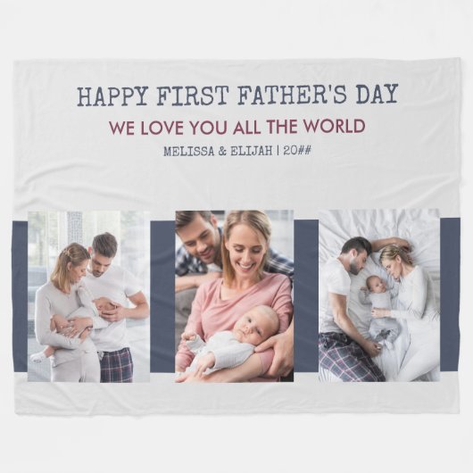 First Fathers Day Grijs en Blauw 3 Foto Fleece Deken (Voorkant (Horizontaal))