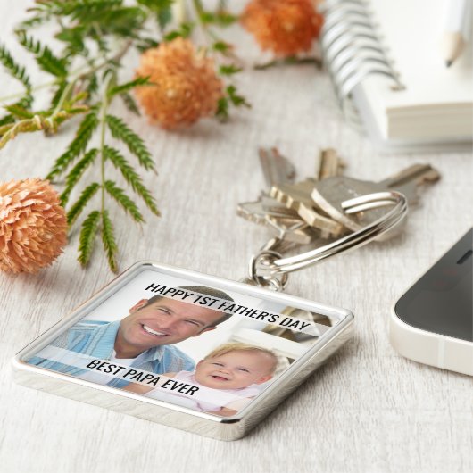 First Fathers Day Photo Best Papa Ever Keychain (Zijkant)