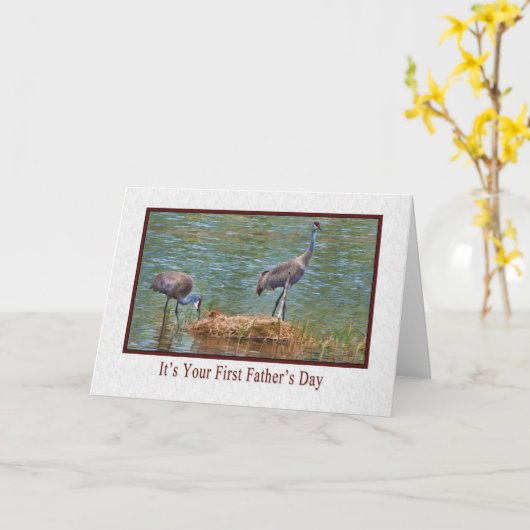 First Father's Day, Sandhill Crane Family Kaart (Gele Bloem)