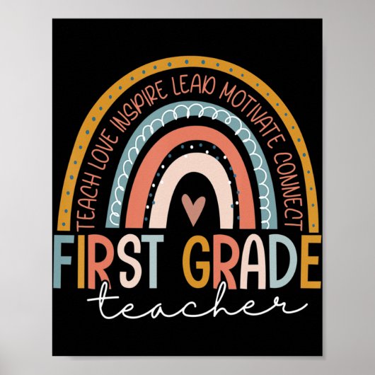 First Grade Teacher Teach Love Inspire Boho Rainbo Poster (Voorkant)