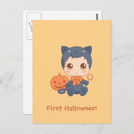 First Halloween Cute Baby Black Cat Costuum Briefkaart (Voorkant / Achterkant)