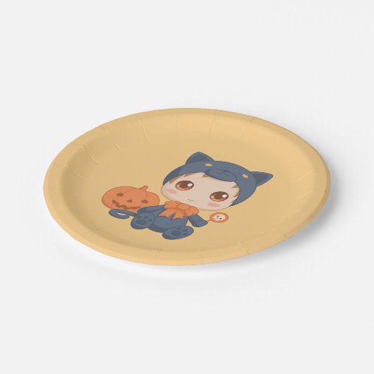 First Halloween Cute Baby Black Cat Costuum Papieren Bordje (Gekanteld)