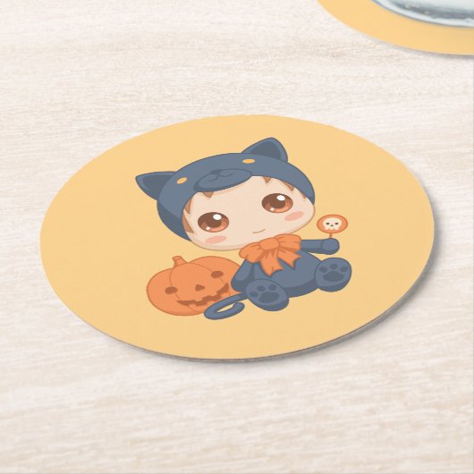 First Halloween Cute Baby Black Cat Costuum Ronde Kartonnen Onderzetter (Gebogen)