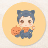 First Halloween Cute Baby Black Cat Costuum Ronde Kartonnen Onderzetter (Voorkant)