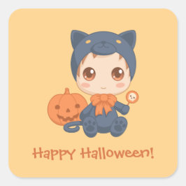 First Halloween Cute Baby Black Cat Costuum Vierkante Sticker