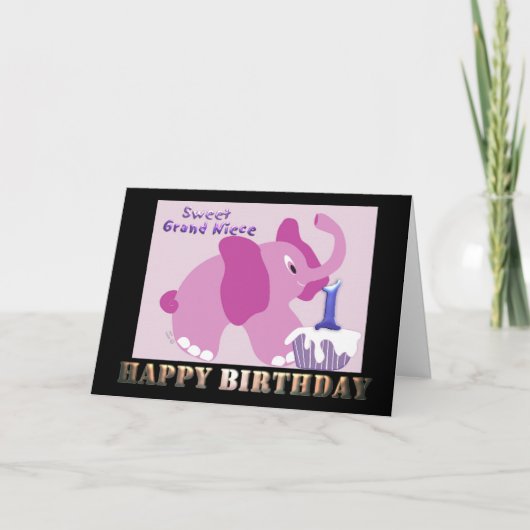 First Happy Birthday Grand Niece Pink Elephant Kaart (Voorkant)