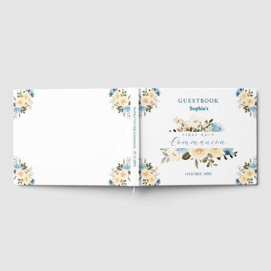 First Heilige Communion Blue Ivory Flowers Greener Gastenboek (Volledig)