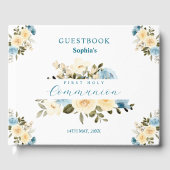 First Heilige Communion Blue Ivory Flowers Greener Gastenboek (Voorkant)