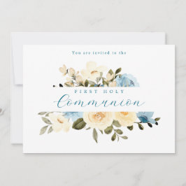 First Heilige Communion Blue Ivory Flowers Greener Kaart