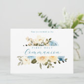 First Heilige Communion Blue Ivory Flowers Greener Kaart (Staand voorkant)