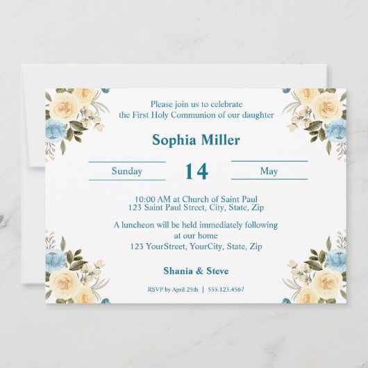 First Heilige Communion Blue Ivory Flowers Greener Kaart (Achterkant)