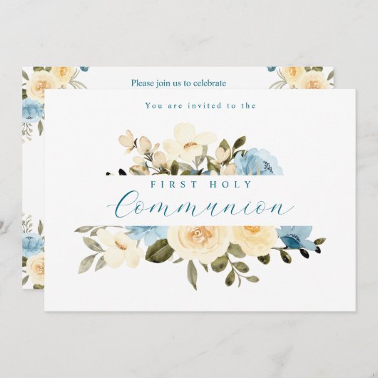 First Heilige Communion Blue Ivory Flowers Greener Kaart (Voorkant / Achterkant)