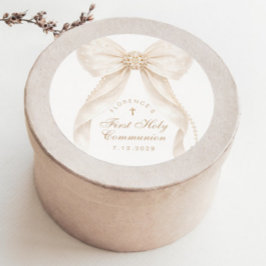 First Holly Communion Gold Cross Ivory Bow Ronde Sticker