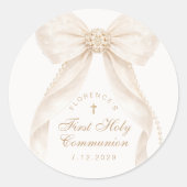 First Holly Communion Gold Cross Ivory Bow Ronde Sticker (Voorkant)