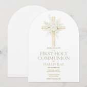 First Holy Communion Arched Invite, Floral Cross  Kaart (Voorkant / Achterkant)