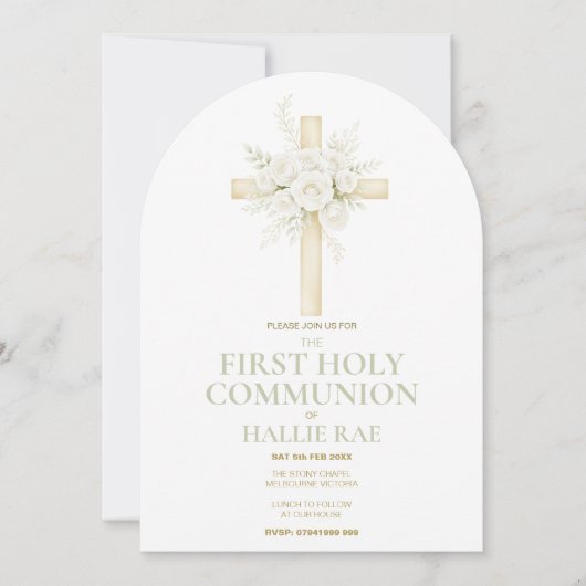 First Holy Communion Arched Invite, Floral Cross  Kaart (Voorkant)