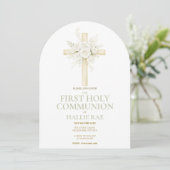 First Holy Communion Arched Invite, Floral Cross  Kaart (Staand voorkant)