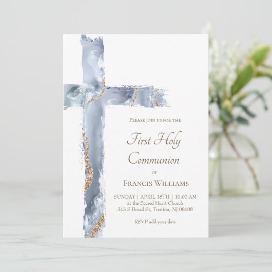 First Holy Communion blue agate Holy Cross Kaart (Staand voorkant)