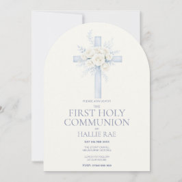 First Holy Communion, Blue Floral Cross Arched Kaart