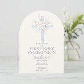 First Holy Communion, Blue Floral Cross Arched Kaart (Staand voorkant)