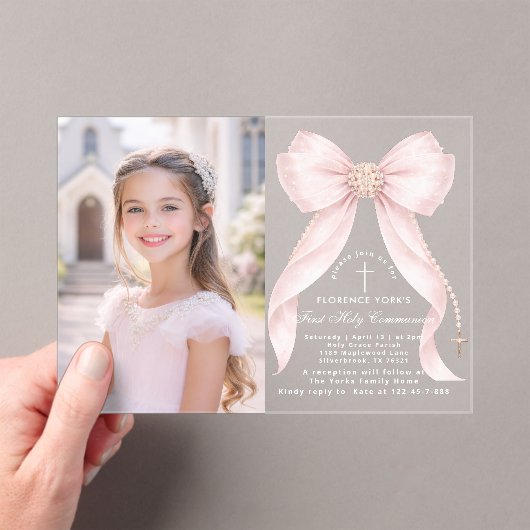 First Holy Communion Blush Pink Bow Christian Acryl Uitnodigingen (Insitu (Draagbaar))