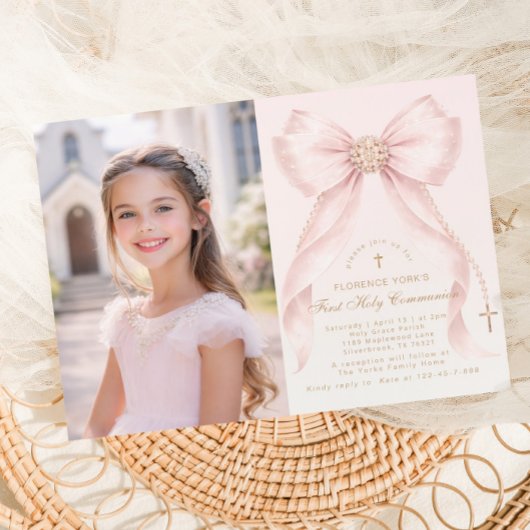 First Holy Communion Blush Pink Bow Christian Kaart