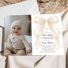 First Holy Communion Bow Pearls Photo Invitation Kaart