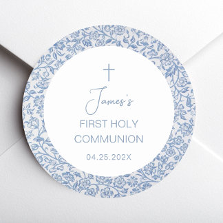 First Holy Communion Boy Blue White Floral Pattern Ronde Sticker