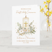 First Holy Communion Candle Bible Greenery Leaves Kaart (Gele Bloem)