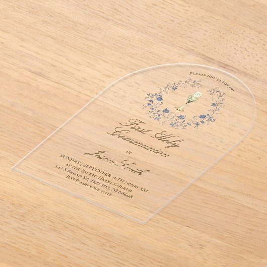 First Holy Communion chalice blue foliage Acryl Uitnodigingen (Laagn)