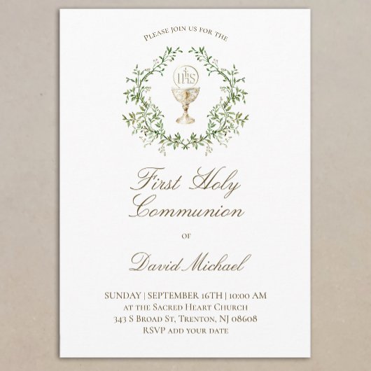 First Holy Communion chalice greenery crest Kaart