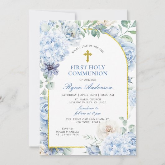 First Holy Communion Dusty Blue Floral Kaart (Voorkant)
