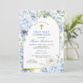 First Holy Communion Dusty Blue Floral Kaart (Staand voorkant)