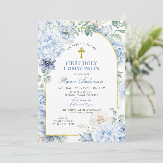 First Holy Communion Dusty Blue Floral Kaart (Staand voorkant)