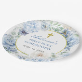 First Holy Communion Dusty Blue Floral Papieren Bordje (Gekanteld)