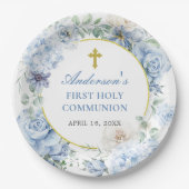 First Holy Communion Dusty Blue Floral Papieren Bordje (Voorkant)