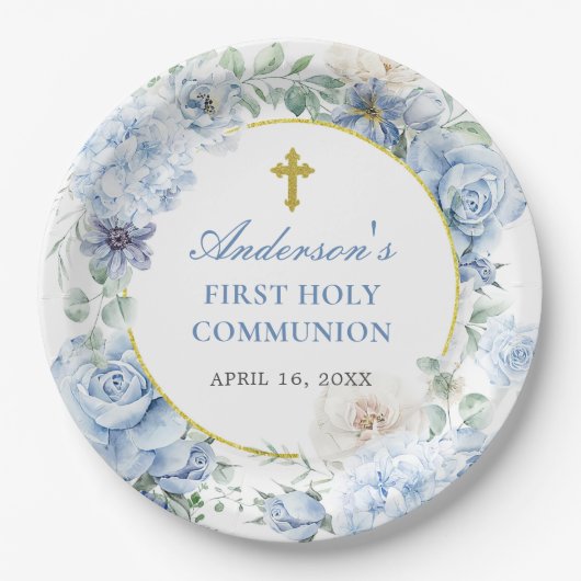 First Holy Communion Dusty Blue Floral Papieren Bordje (Voorkant)