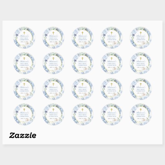 First Holy Communion Dusty Blue Floral Ronde Sticker (Vel)