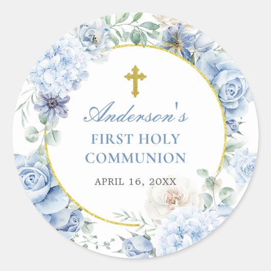 First Holy Communion Dusty Blue Floral Ronde Sticker (Voorkant)